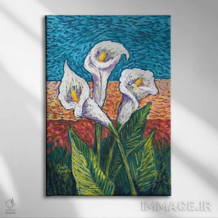 تابلو دکوراتیو گل کالای پاستلی اثر کندی مایر - نمای روبهرو روی دیوار