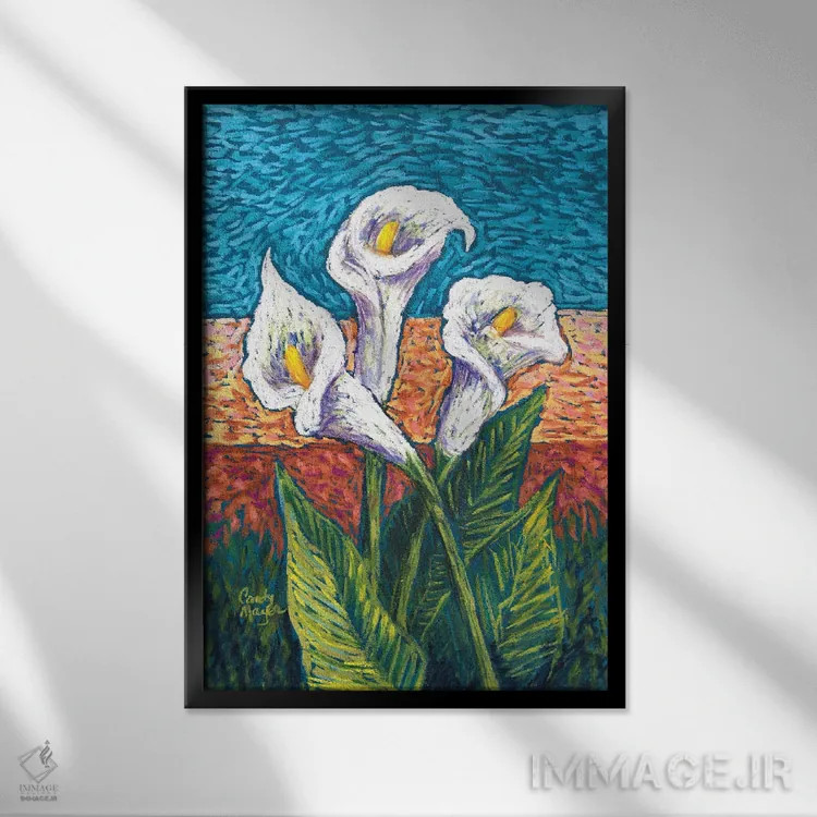 تابلو دکوراتیو گل کالای پاستلی اثر کندی مایر - نمای قابدار مشکی