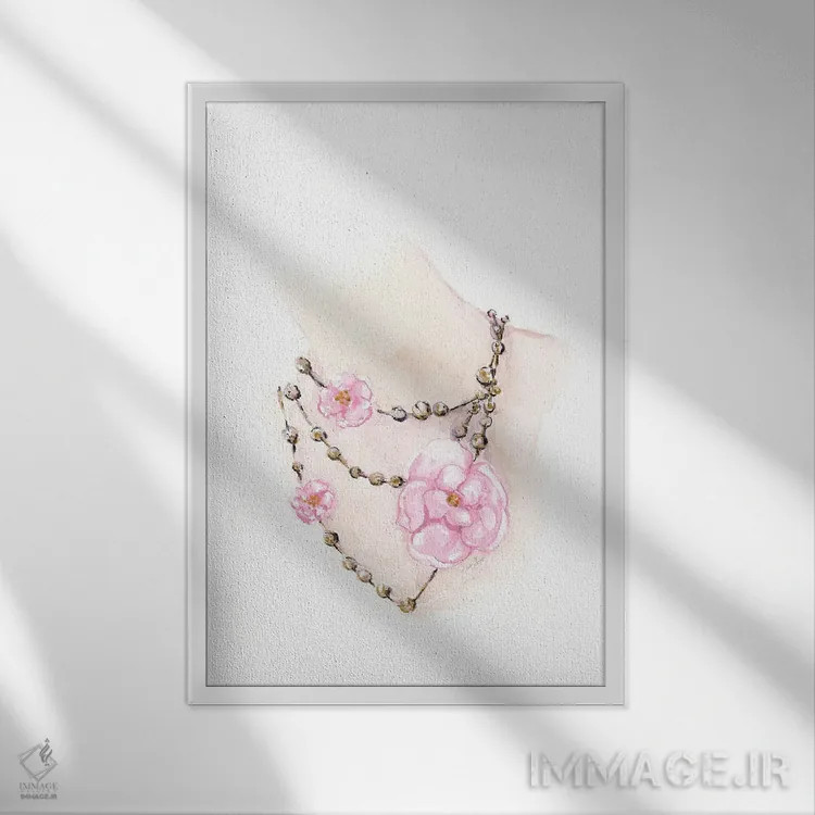 تابلو دکوراتیو گردنبند مهره ای گلدار اثر استلا چانگ - نمای قابدار سفید