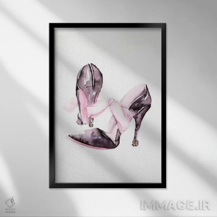 تابلو دکوراتیو کفش پاشنه بلند با پاپیون اثر استلا چانگ - نمای قابدار مشکی