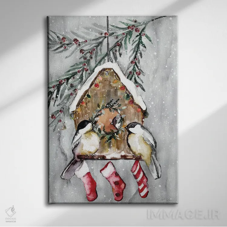 تابلو دکوراتیو پرندگان زمستانی اثر استلا چانگ - نمای روبهرو روی دیوار