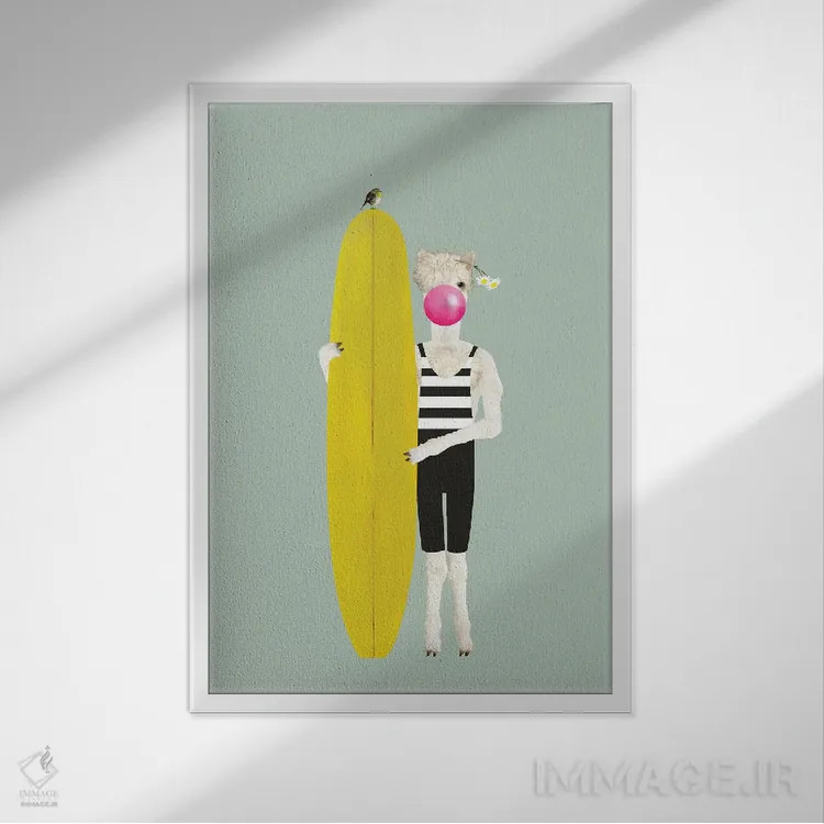 تابلو مدرن آلپاکا در حال نگه داشتن تخته موج سواری اثر کارولین کسلسی - نمای قابدار سفید