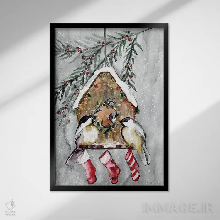 تابلو دکوراتیو پرندگان زمستانی اثر استلا چانگ - نمای قابدار مشکی