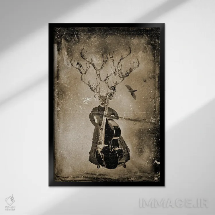 تابلو دکوراتیو گوزن موسیقی دان اثر کارولین کسلسی - نمای قابدار مشکی