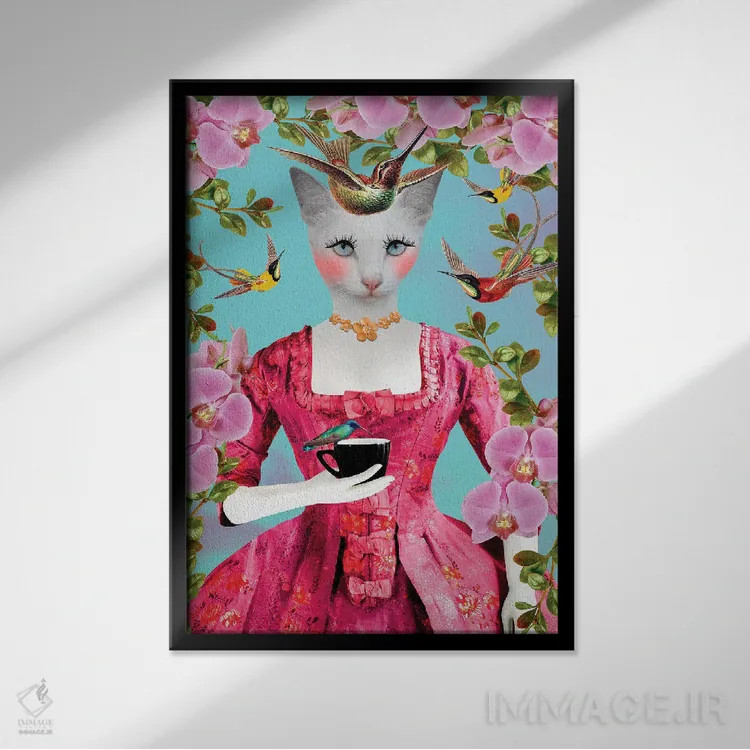 تابلو دکوراتیو بانوی گربه دوست نسخه بهاری اثر کارولین کسلسی - نمای قابدار مشکی