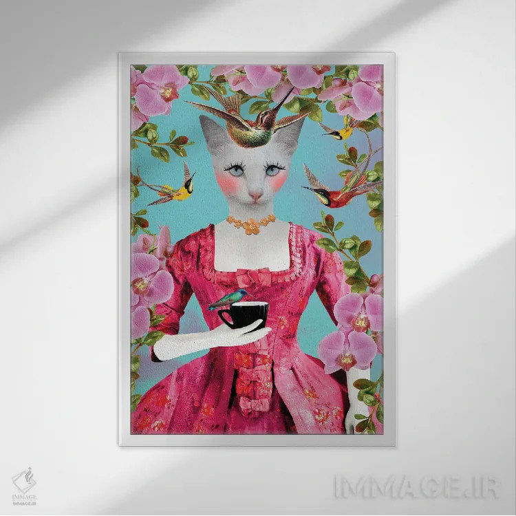تابلو دکوراتیو بانوی گربه دوست نسخه بهاری اثر کارولین کسلسی - نمای قابدار سفید