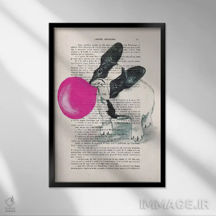 تابلو دکوراتیو بولداگ فرانسوی با آدامس بادکنکی اثر کوکو د پاریس - نمای قابدار مشکی