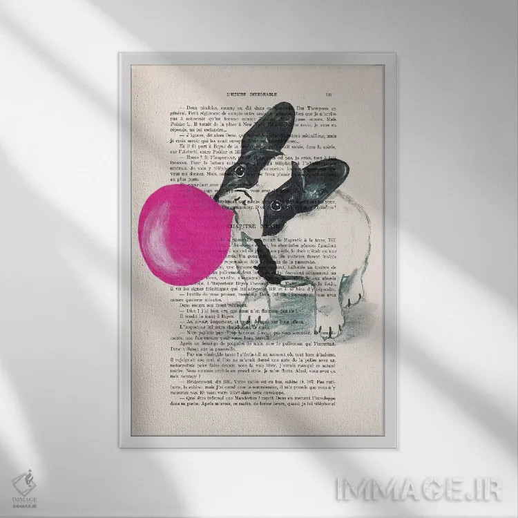 تابلو دکوراتیو بولداگ فرانسوی با آدامس بادکنکی اثر کوکو د پاریس - نمای قابدار سفید