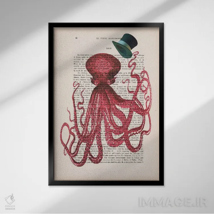 تابلو دکوراتیو اختاپوس با کلاه اثر کوکو د پاریس - نمای قابدار مشکی