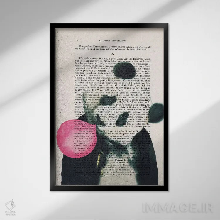 تابلو دکوراتیو پاندا با آدامس بادکنکی اثر کوکو د پاریس - نمای قابدار مشکی