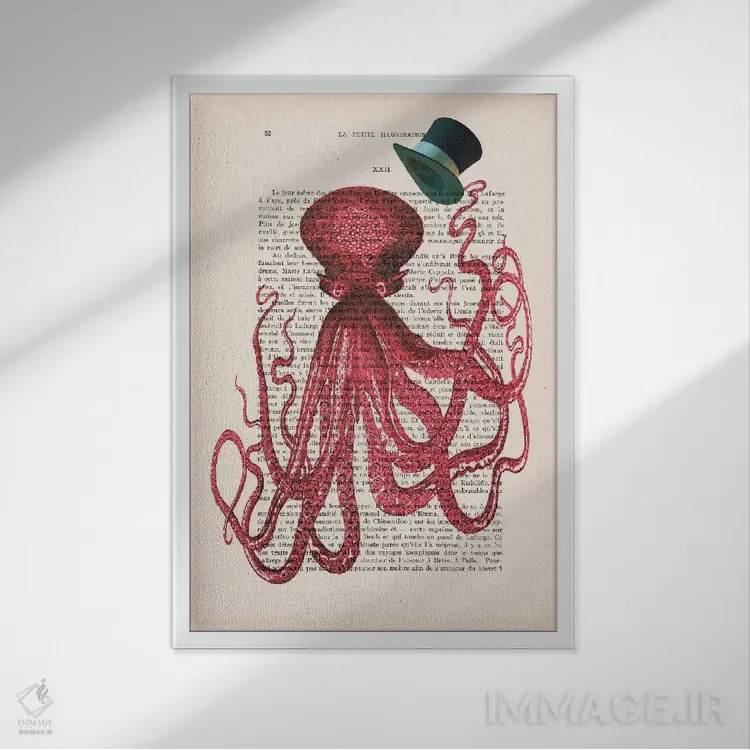 تابلو دکوراتیو اختاپوس با کلاه اثر کوکو د پاریس - نمای قابدار سفید