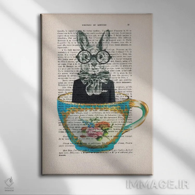 تابلو دکوراتیو خرگوش داخل فنجان اثر کوکو د پاریس - نمای روبهرو روی دیوار