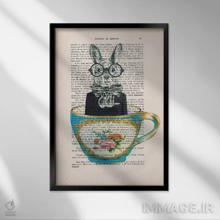 تابلو دکوراتیو خرگوش داخل فنجان اثر کوکو د پاریس - نمای قابدار مشکی