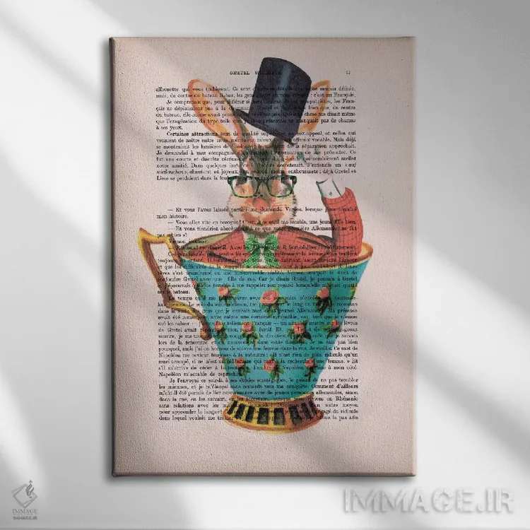 تابلو مدرن خرگوش با کلاه داخل فنجان اثر کوکو د پاریس - نمای روبهرو روی دیوار