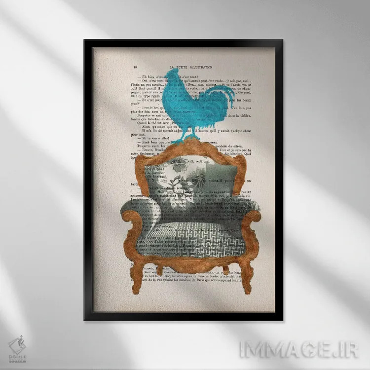 تابلو مدرن خروس روی مبل اثر کوکو د پاریس - نمای قابدار مشکی