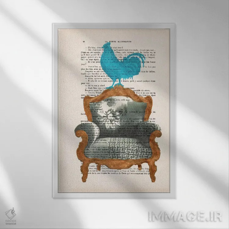 تابلو مدرن خروس روی مبل اثر کوکو د پاریس - نمای قابدار سفید