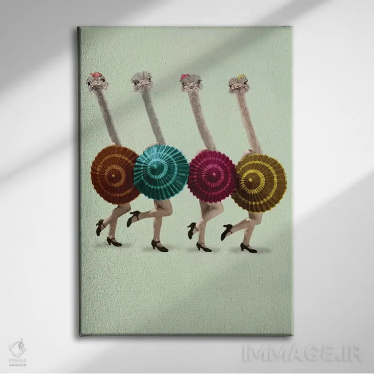 تابلو دکوراتیو شترمرغ های رقصنده اثر کوکو د پاریس - نمای روبهرو روی دیوار