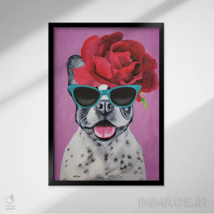 تابلو دکوراتیو بولداگ شیک پوش صورتی اثر کوکو د پاریس - نمای قابدار مشکی