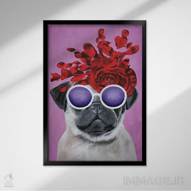 تابلو دکوراتیو پاگ شیک پوش صورتی اثر کوکو د پاریس - نمای قابدار مشکی