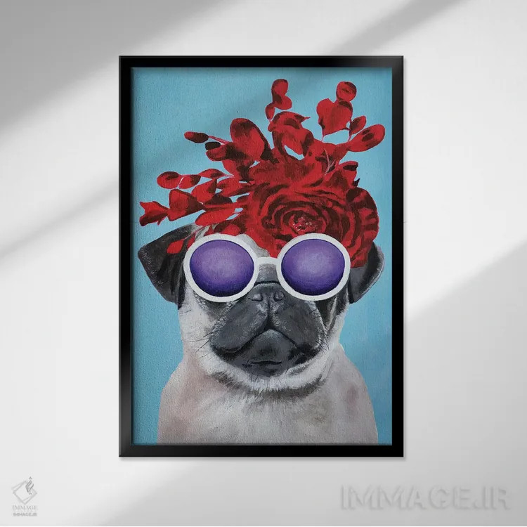 تابلو دکوراتیو پاگ شیک پوش آبی اثر کوکو د پاریس - نمای قابدار مشکی