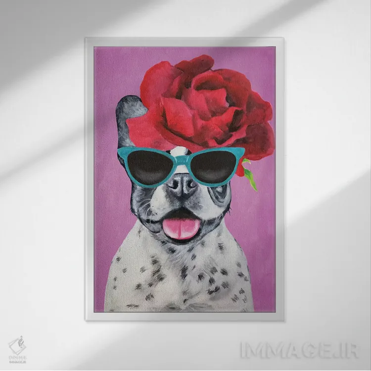 تابلو دکوراتیو بولداگ شیک پوش صورتی اثر کوکو د پاریس - نمای قابدار سفید