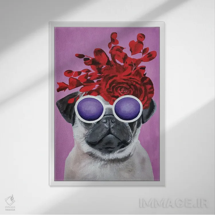 تابلو دکوراتیو پاگ شیک پوش صورتی اثر کوکو د پاریس - نمای قابدار سفید