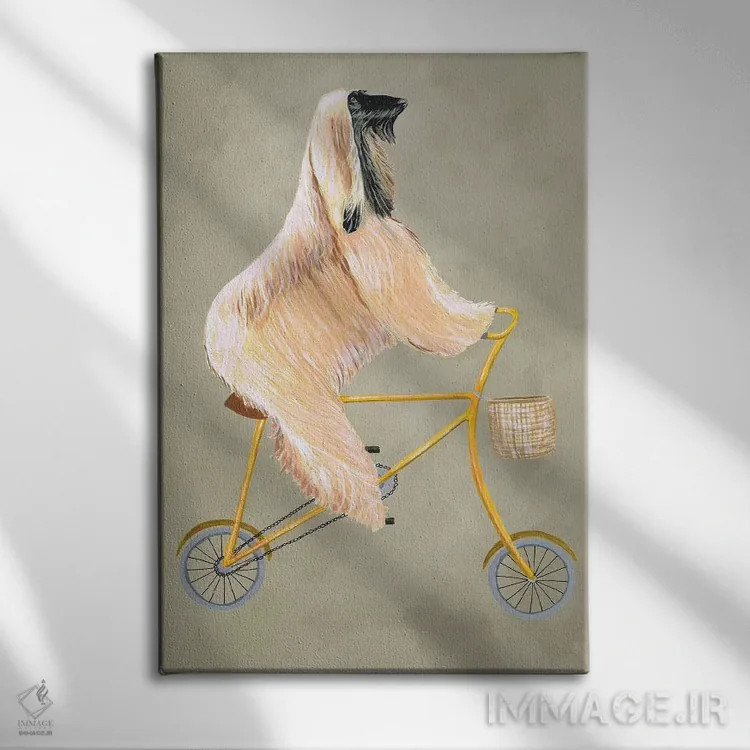 تابلو دکوراتیو سگ افغان روی دوچرخه اثر کوکو د پاریس - نمای روبهرو روی دیوار