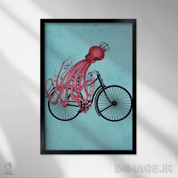 تابلو دکوراتیو اختاپوس روی دوچرخه اثر کوکو د پاریس - نمای قابدار مشکی
