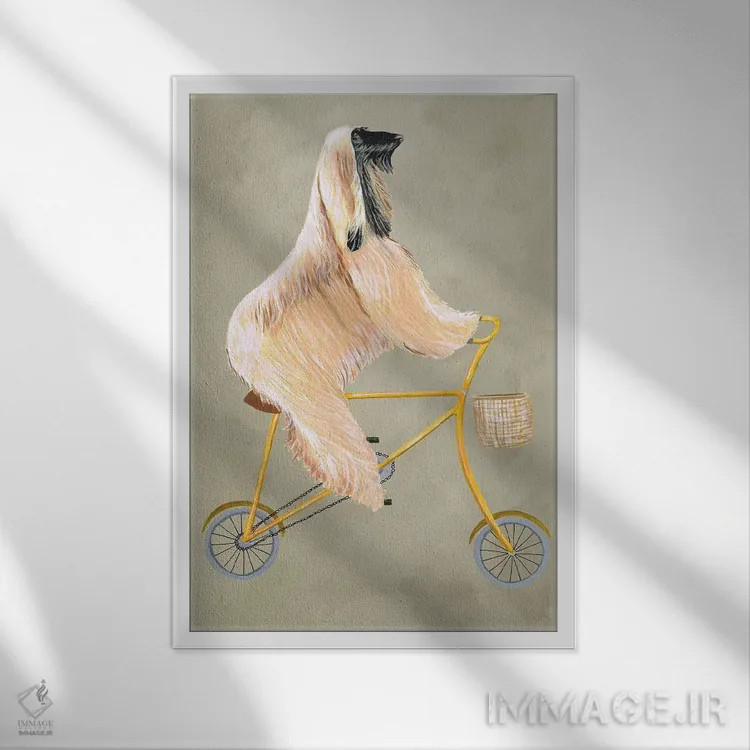 تابلو دکوراتیو سگ افغان روی دوچرخه اثر کوکو د پاریس - نمای قابدار سفید