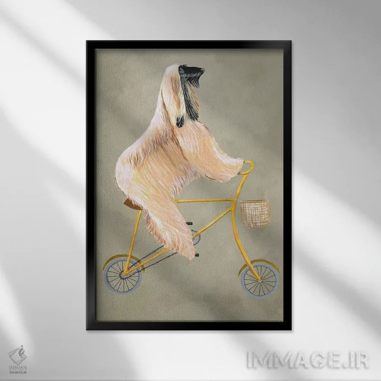 تابلو دکوراتیو سگ افغان روی دوچرخه اثر کوکو د پاریس - نمای قابدار مشکی