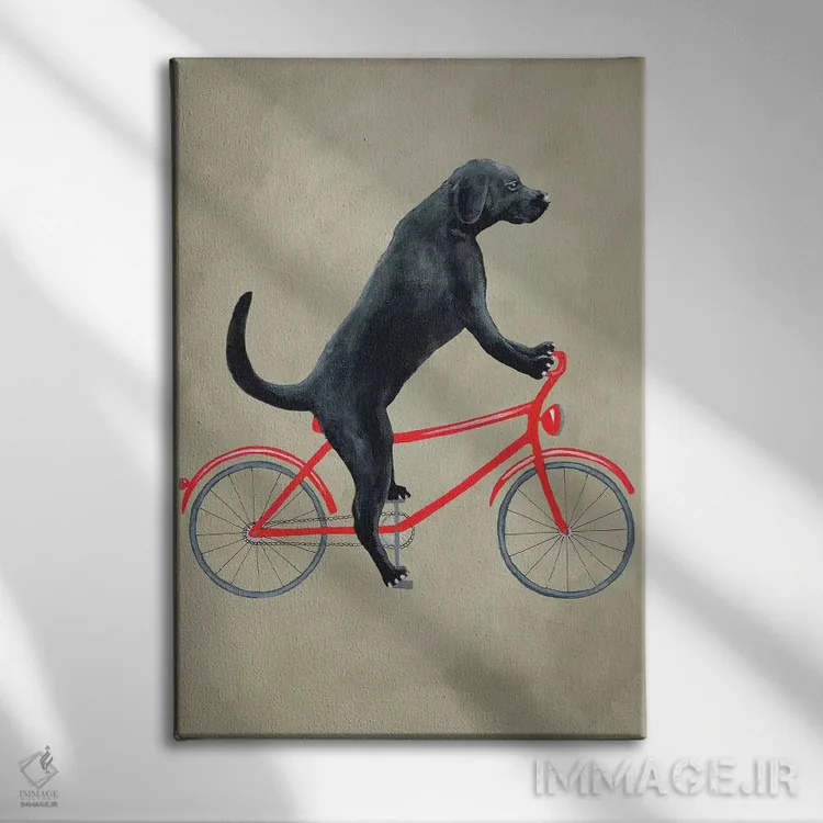 تابلو دکوراتیو لابرادور سیاه روی دوچرخه اثر کوکو د پاریس - نمای روبهرو روی دیوار