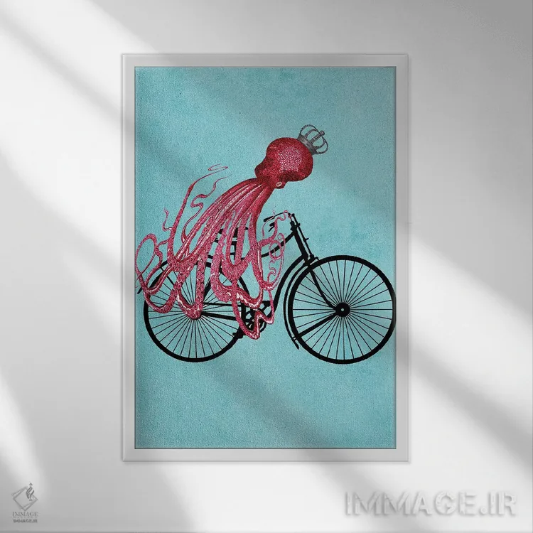 تابلو دکوراتیو اختاپوس روی دوچرخه اثر کوکو د پاریس - نمای قابدار سفید