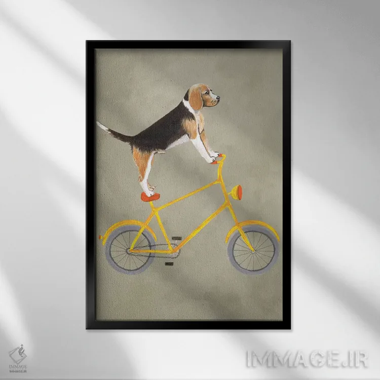 تابلو دکوراتیو سگ بیگل روی دوچرخه اثر کوکو د پاریس - نمای قابدار مشکی