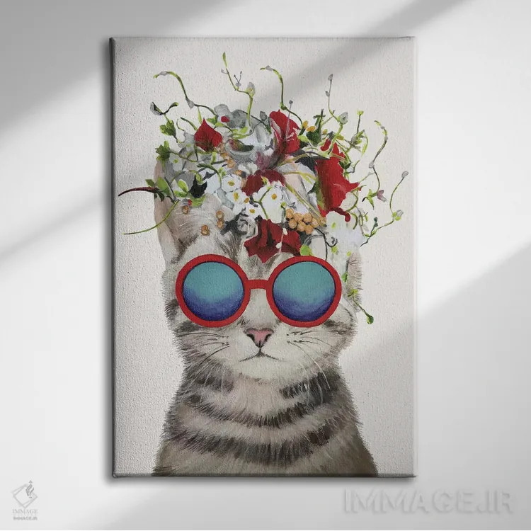 تابلو دکوراتیو گربه قدرت گل، سفید اثر کوکو د پاریس - نمای روبهرو روی دیوار