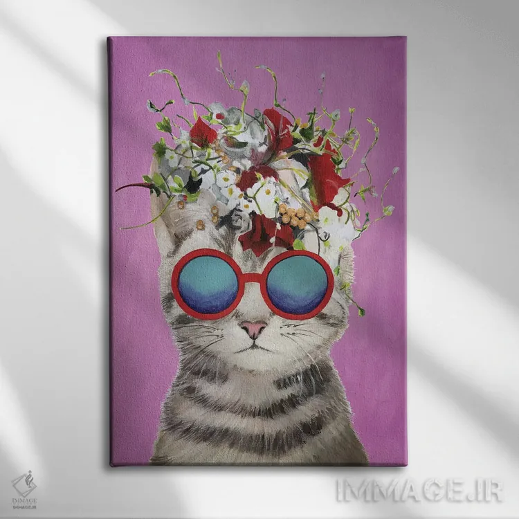 تابلو دکوراتیو گربه قدرت گل، صورتی اثر کوکو د پاریس - نمای روبهرو روی دیوار