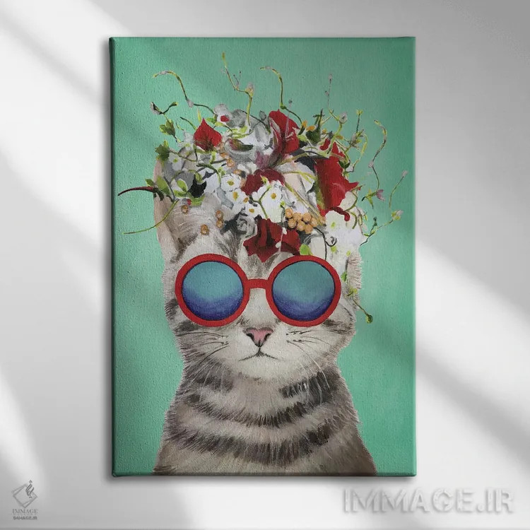 تابلو دکوراتیو گربه قدرت گل، فیروزه ای اثر کوکو د پاریس - نمای روبهرو روی دیوار