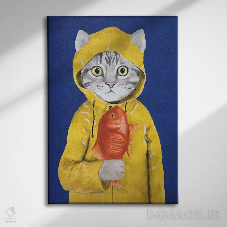 تابلو دکوراتیو گربه با ماهی اثر کوکو د پاریس - نمای روبهرو روی دیوار