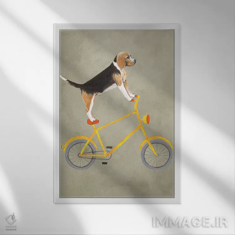 تابلو دکوراتیو سگ بیگل روی دوچرخه اثر کوکو د پاریس - نمای قابدار سفید