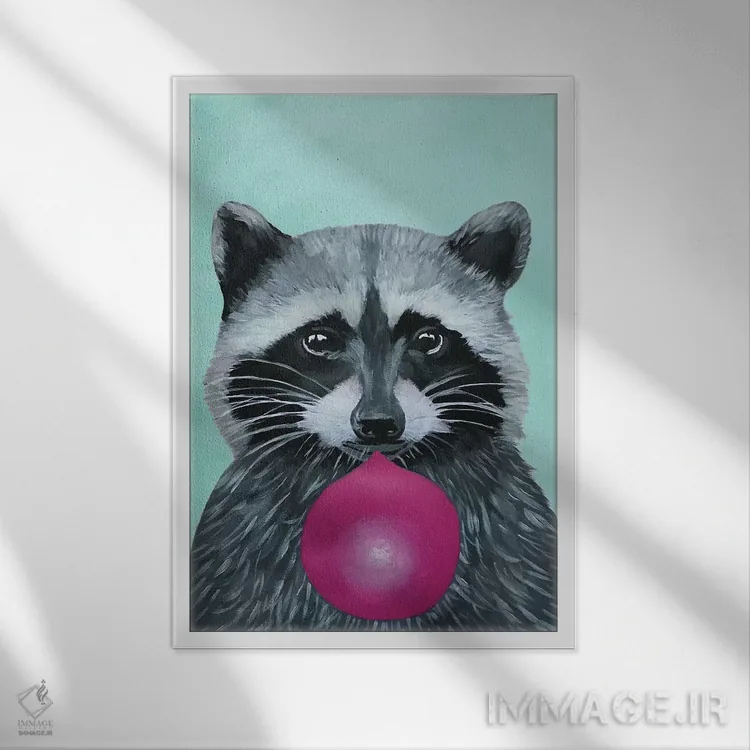 تابلو دکوراتیو راکون آدامس بادکنکی، فیروزه ای اثر کوکو د پاریس - نمای قابدار سفید