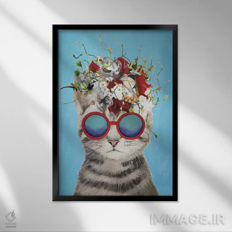 تابلو دکوراتیو گربه قدرت گل، آبی اثر کوکو د پاریس - نمای قابدار مشکی