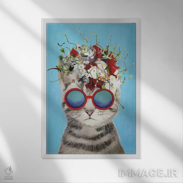 تابلو دکوراتیو گربه قدرت گل، آبی اثر کوکو د پاریس - نمای قابدار سفید