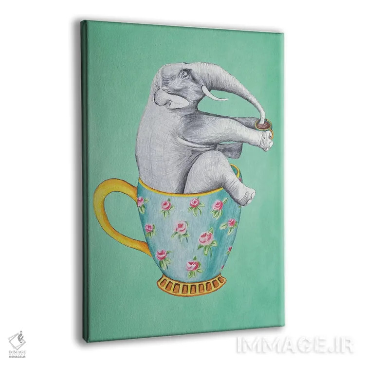 تابلو دکوراتیو فیل داخل فنجان، فیروزه ای اثر کوکو د پاریس - نمای پرسپکتیو محصول