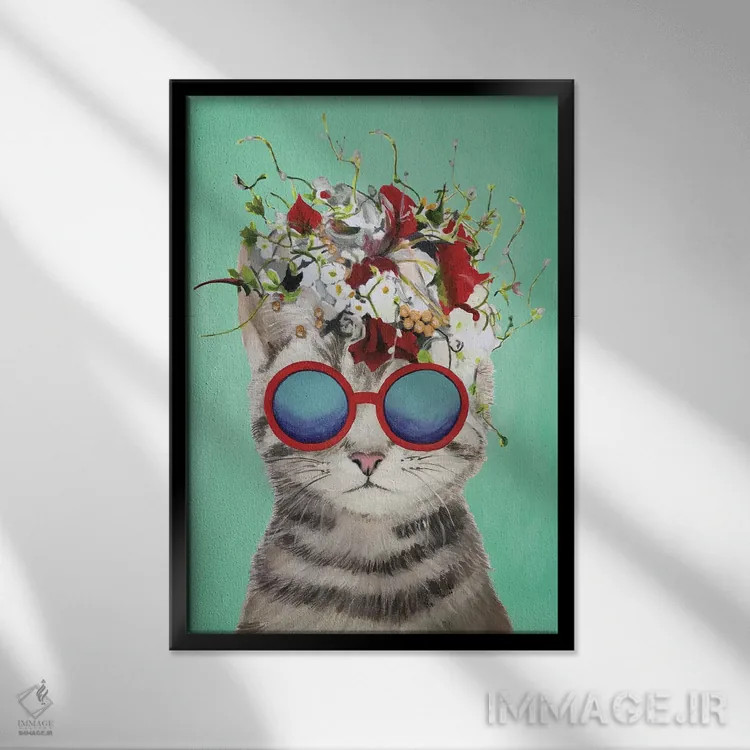 تابلو دکوراتیو گربه قدرت گل، فیروزه ای اثر کوکو د پاریس - نمای قابدار مشکی