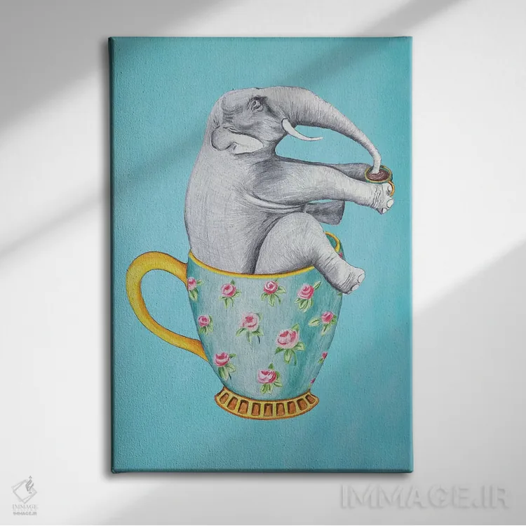 تابلو دکوراتیو فیل داخل فنجان، آبی اثر کوکو د پاریس - نمای روبهرو روی دیوار