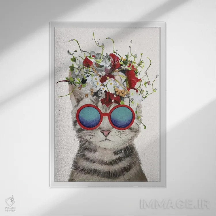 تابلو دکوراتیو گربه قدرت گل، سفید اثر کوکو د پاریس - نمای قابدار سفید