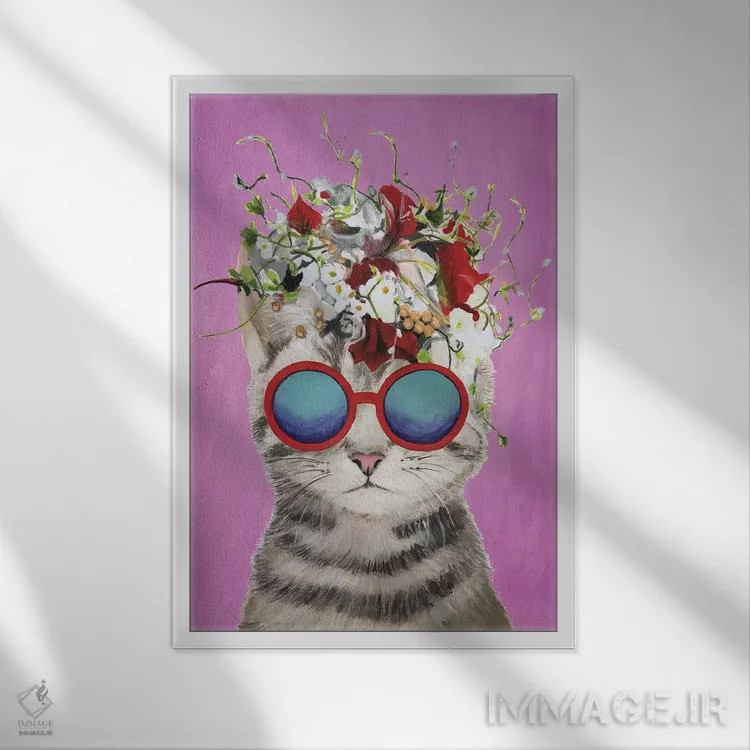 تابلو دکوراتیو گربه قدرت گل، صورتی اثر کوکو د پاریس - نمای قابدار سفید