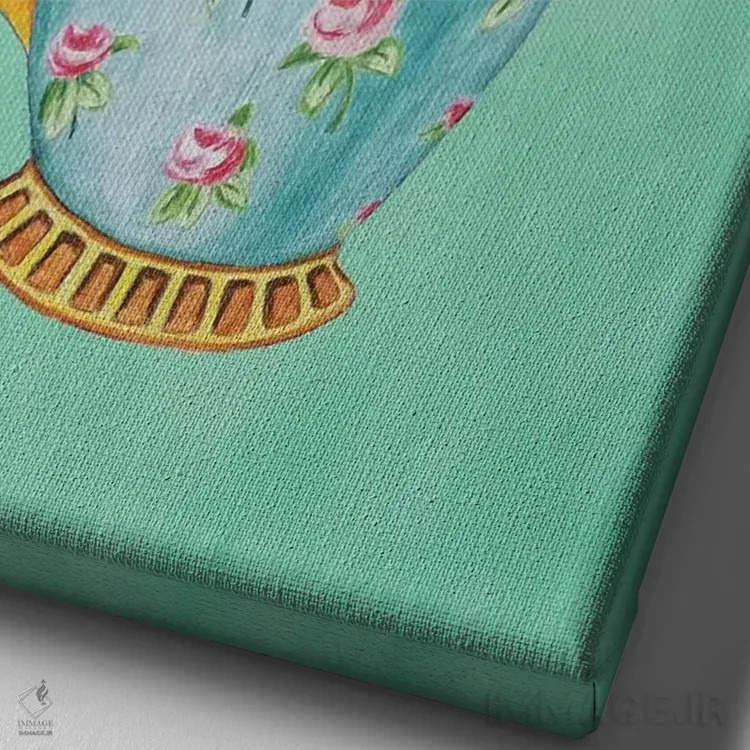 تابلو دکوراتیو فیل داخل فنجان، فیروزه ای اثر کوکو د پاریس - نمای نزدیک بافت بوم