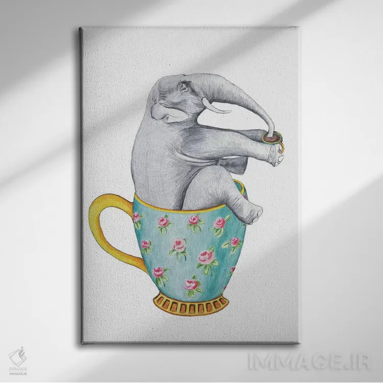 تابلو دکوراتیو فیل داخل فنجان، سفید اثر کوکو د پاریس - نمای روبهرو روی دیوار