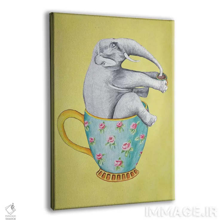 تابلو دکوراتیو فیل داخل فنجان، زرد اثر کوکو د پاریس - نمای پرسپکتیو محصول