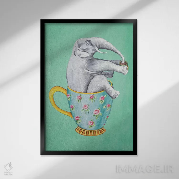 تابلو دکوراتیو فیل داخل فنجان، فیروزه ای اثر کوکو د پاریس - نمای قابدار مشکی